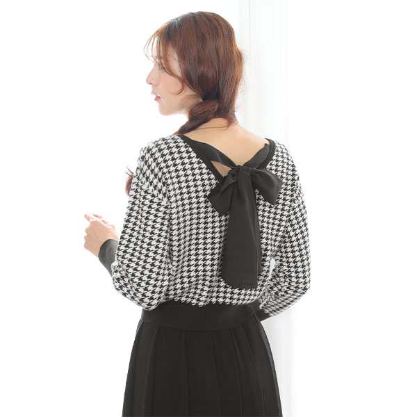 バックリボンニット プルオーバー(ブラック×ホワイト)