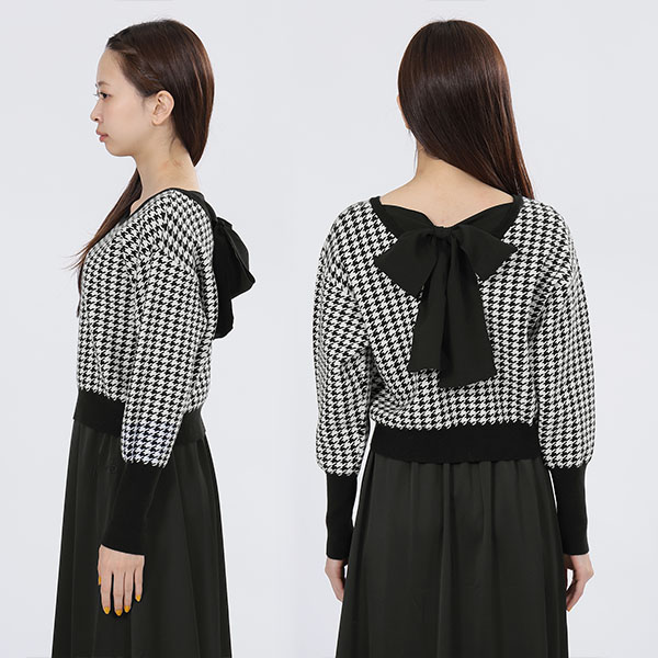 バックリボンニット プルオーバー(ブラック×ホワイト)