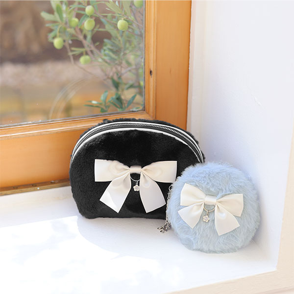 ファーリボン ラウンドポーチL(ブラック)