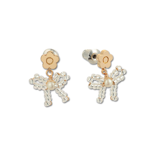 ビーズプチリボン ピアス（ホワイト）