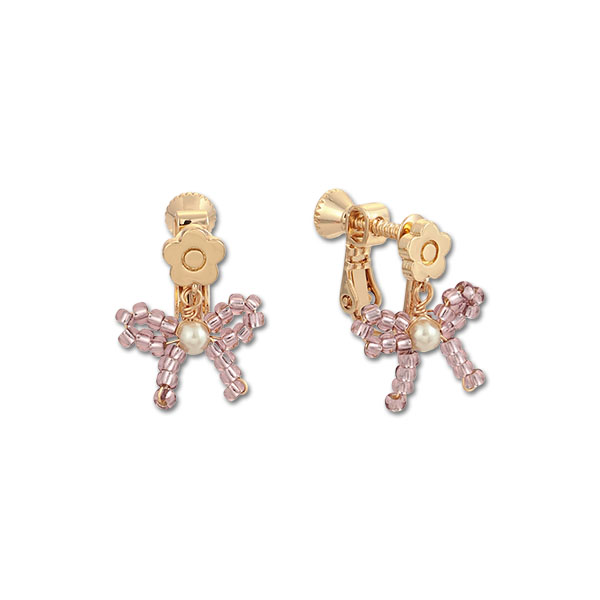 ビーズプチリボン イヤリング（ピンク）