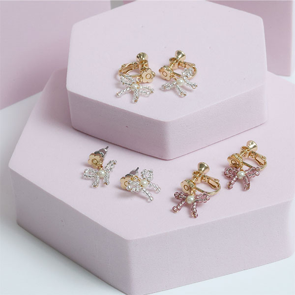 ビーズプチリボン イヤリング(ピンク)