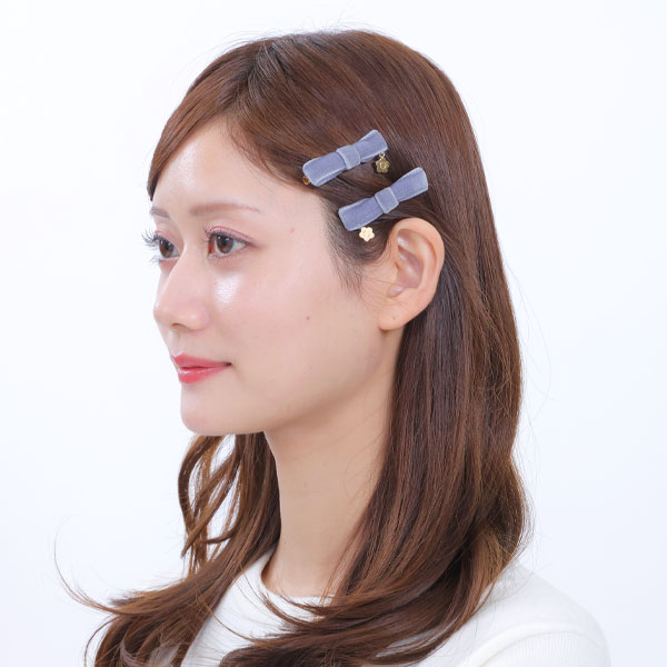 ベロアリボン ワニクリップセット（ブルーグレー）