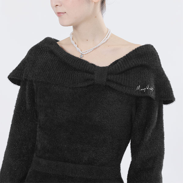 オフショルリボンニット ワンピース(ブラック)