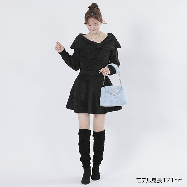 オフショルリボンニット ワンピース(ブラック)