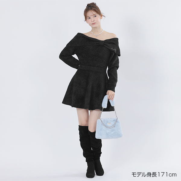 オフショルリボンニット ワンピース(ブラック)