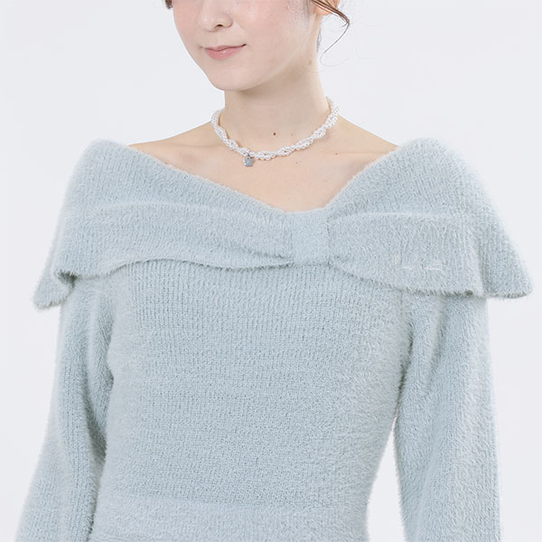 オフショルリボンニット ワンピース(ブルー)