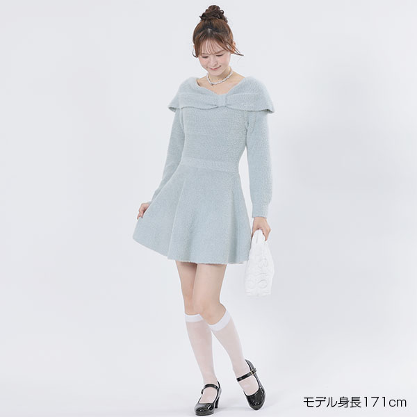 オフショルリボンニット ワンピース(ブルー)