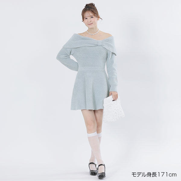 オフショルリボンニット ワンピース(ブルー)