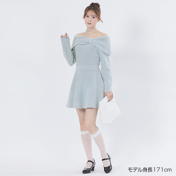 オフショルリボンニット ワンピース(ブルー)