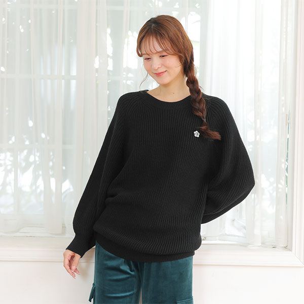 畦編みイージーニット プルオーバー（ブラック）