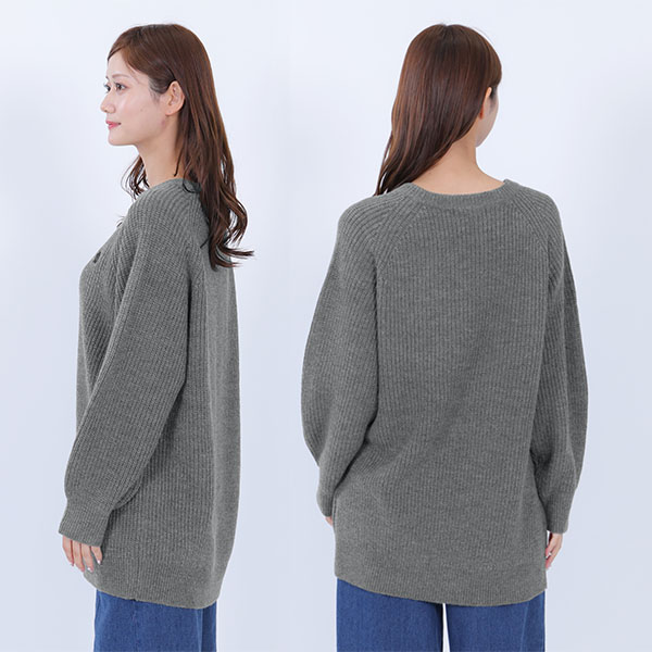 畦編みイージーニット プルオーバー(グレー)
