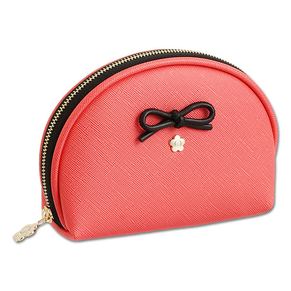 サフィアーノリボン ラウンドポーチ（コーラルレッド）