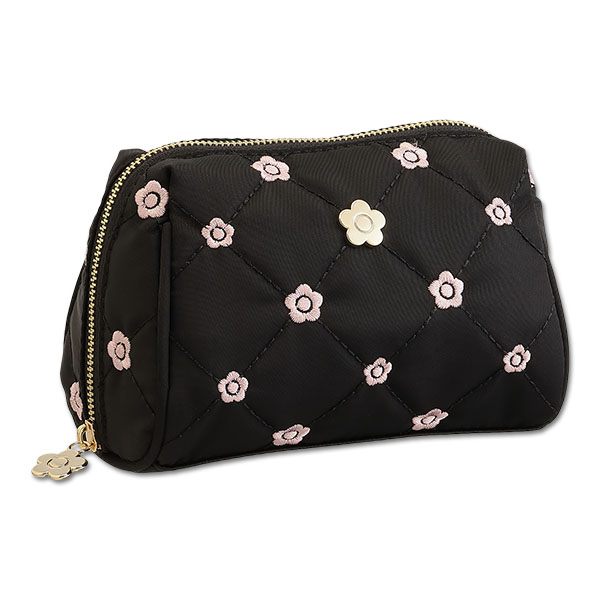 キルトデイジー刺繍 オーバルポーチ（ブラック）