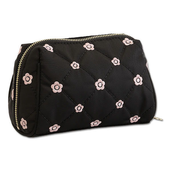 キルトデイジー刺繍 オーバルポーチ（ブラック）