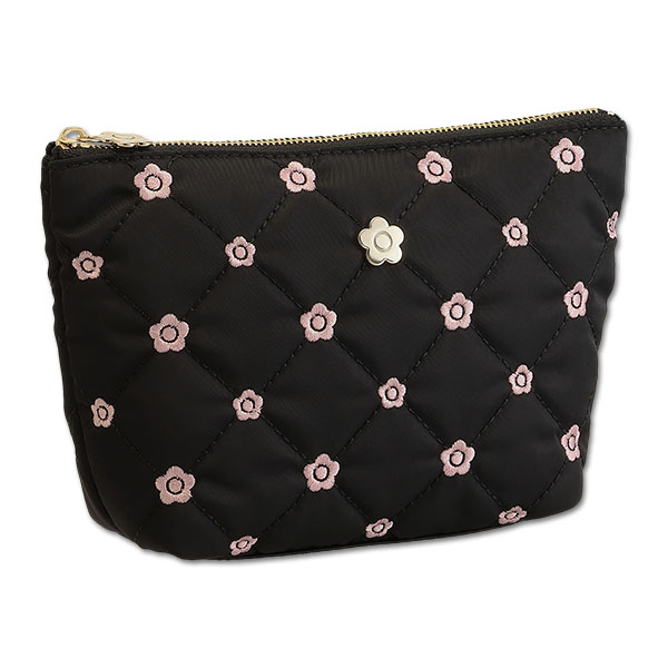 キルトデイジー刺繍 舟型ポーチ（ブラック）