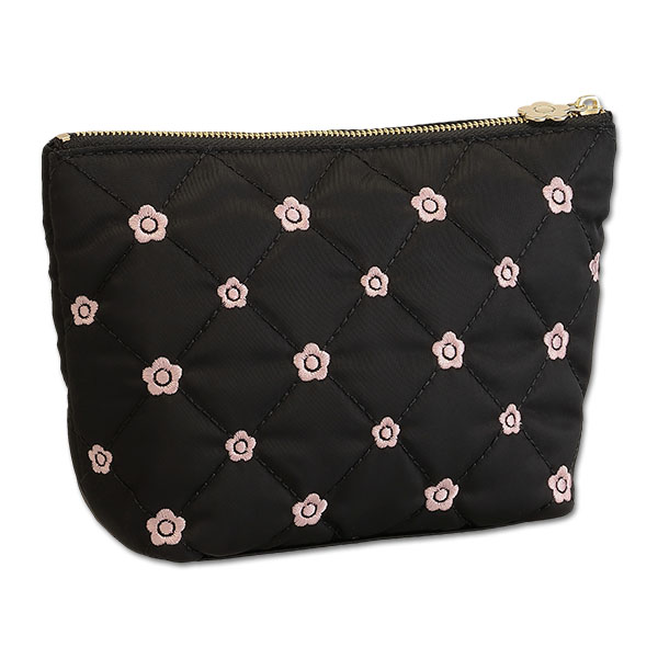 キルトデイジー刺繍 舟型ポーチ（ブラック）
