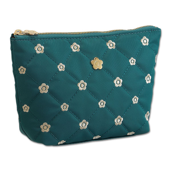 キルトデイジー刺繍 舟型ポーチ（ピーコック）