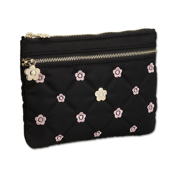 キルトデイジー刺繍 2ファスナーポーチ（ブラック）