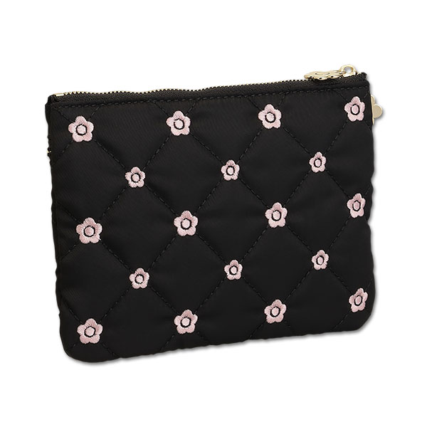 キルトデイジー刺繍 2ファスナーポーチ（ブラック）