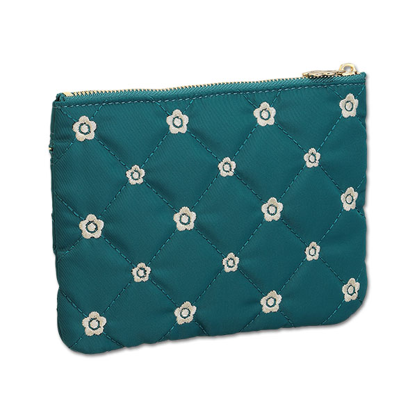 キルトデイジー刺繍 2ファスナーポーチ（ピーコック）