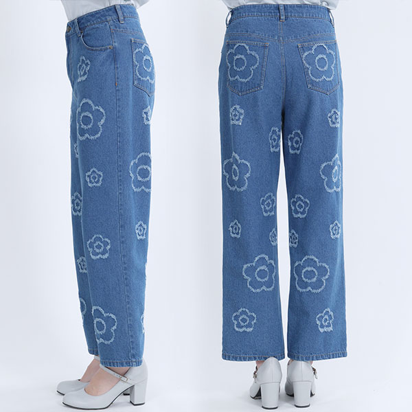 ランダムデイジーデニム パンツ（ブルー）