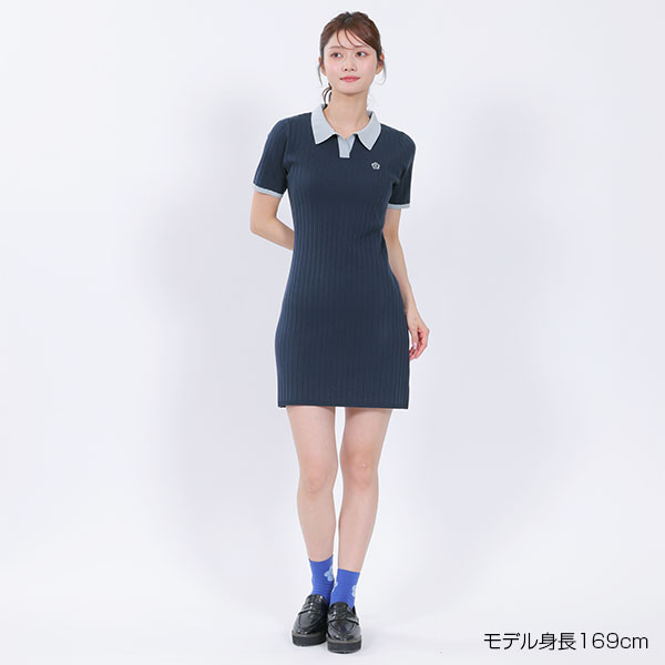 ワイドリブニット ワンピース（ネイビー）