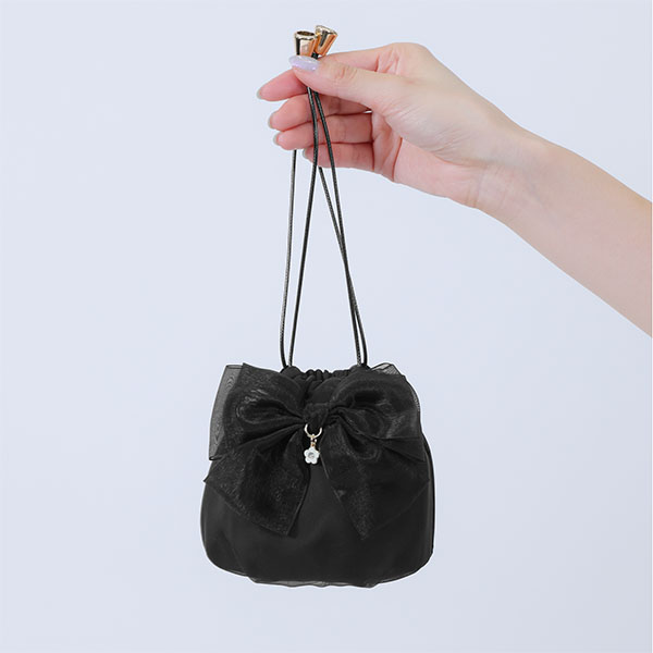 シアーリボン 巾着ポーチミニ（ブラック）