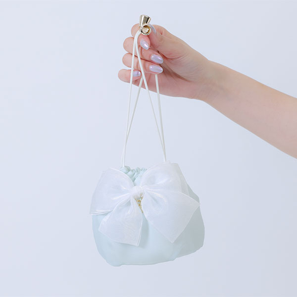 シアーリボン 巾着ポーチミニ（ライトブルー）