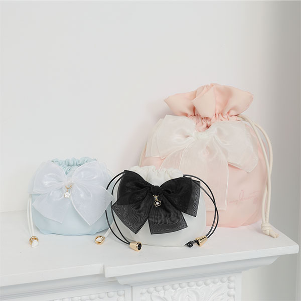 シアーリボン 巾着ポーチミニ（ライトブルー）