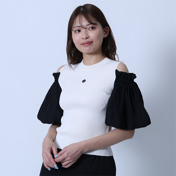 シフォン袖ニット プルオーバー（ホワイト）