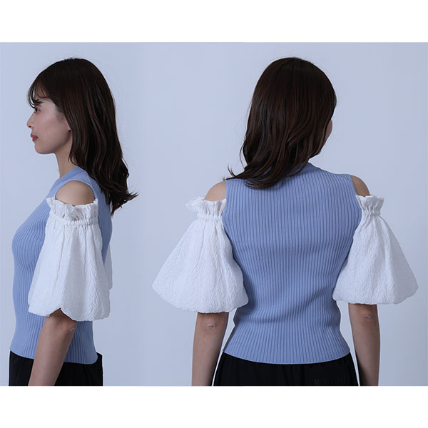 シフォン袖ニット プルオーバー（ブルー）