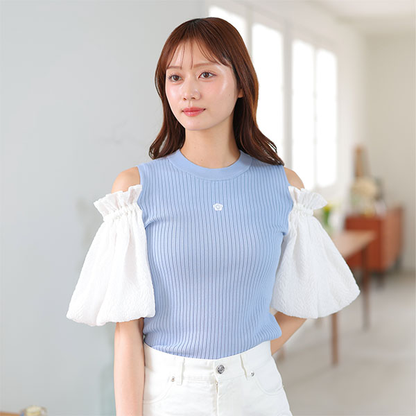 シフォン袖ニット プルオーバー（ブルー）