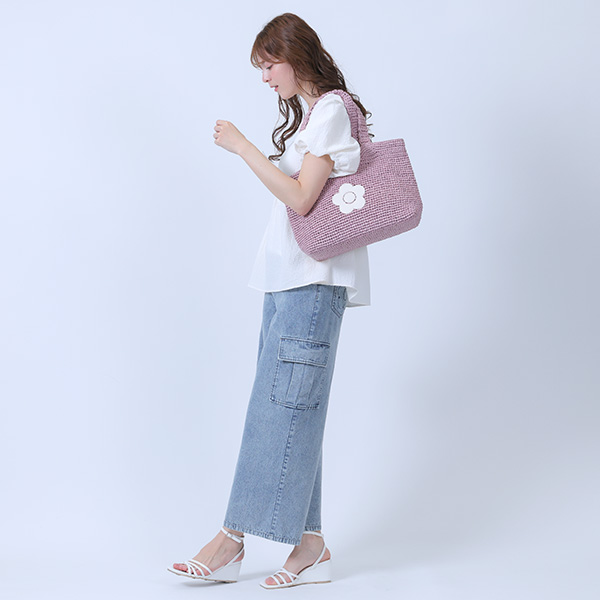 クロッシェラフィアライク トート（ピンク）