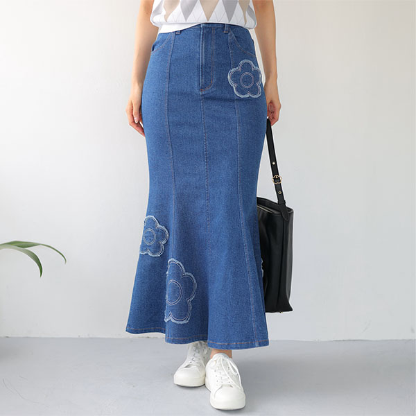 デイジーパッチデニムマーメイド スカート（ブルー）