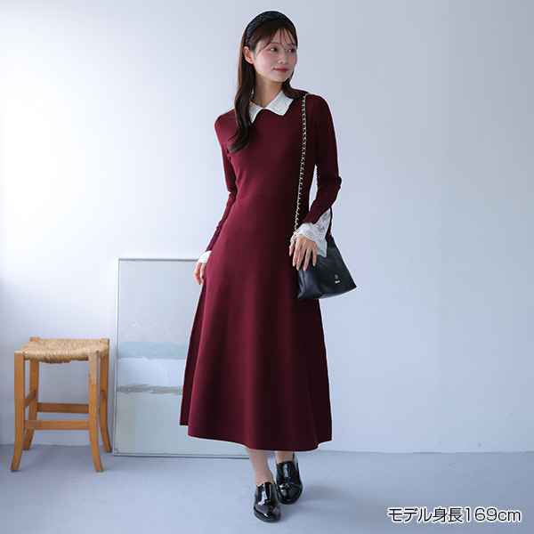 クロッシェカラーニットロング ワンピース（ボルドー）