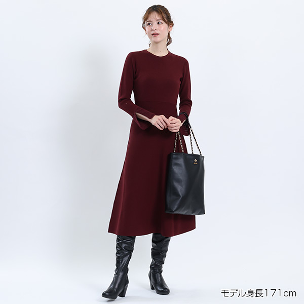 クロッシェカラーニットロング ワンピース（ボルドー）
