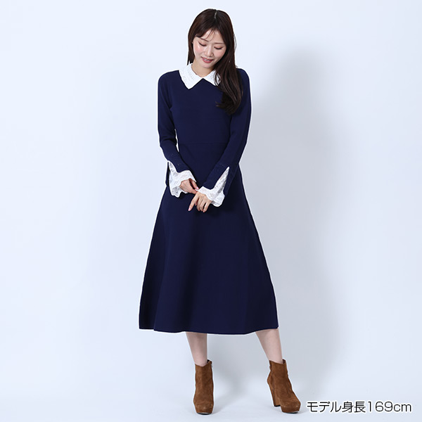 クロッシェカラーニットロング ワンピース（ネイビー）