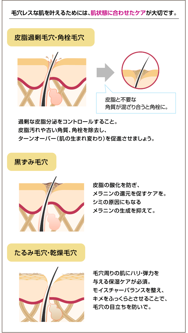 毛穴レスな肌を叶えるためには、肌状態に合わせたケアが大切です。
