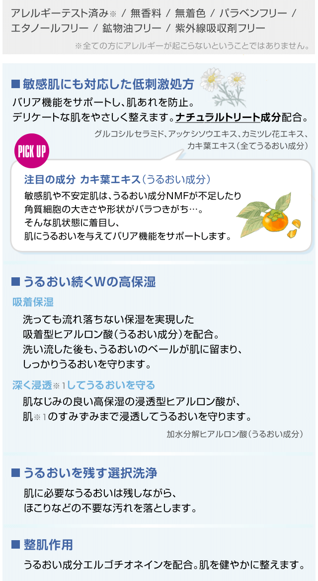 マイルドクレンジング こだわりのＷ保湿 うるおいを残す選択洗浄 マッサージで血行促進 敏感肌にも対応した低刺激処方 カキ葉エキス配合（うるおい成分）