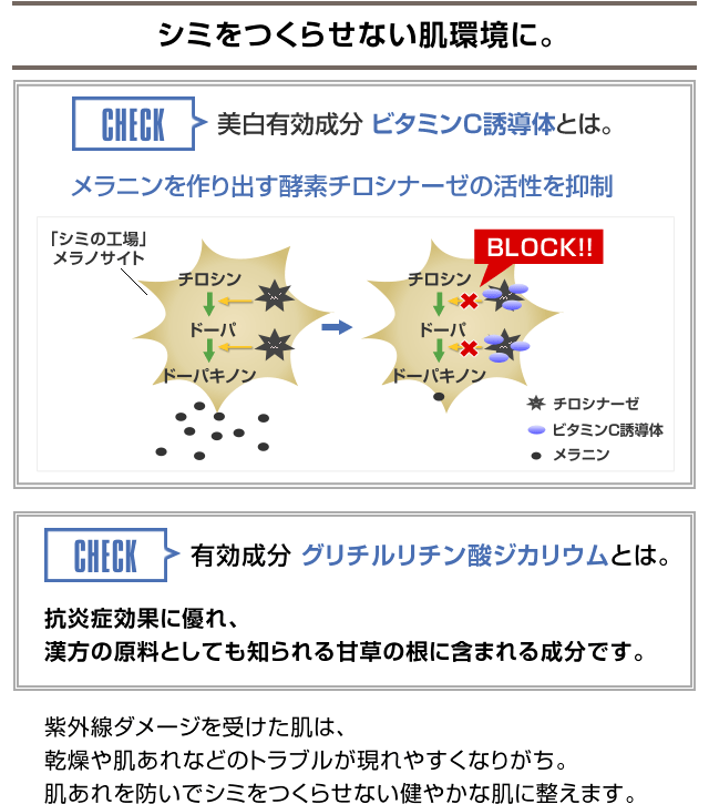 シミをつくらせない肌環境に。CHECK 美白有効成分 ビタミンC誘導体とは。 メラニンを作り出す酵素チロシナーゼの活性を抑制CHECK 有効成分グリチルリチン酸ジカリウムとは。 抗炎症効果に優れ、漢方の原料としても知られる甘草の根に含まれる成分です。紫外線ダメージを受けた肌は、乾燥や肌あれなどのトラブルが現れやすくなりがち。肌あれを防いでシミをつくらせない健やかな肌に整えます。